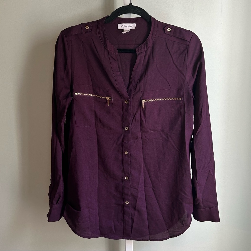 Calvin Klein Plum Button Down Blouse with Zipper Detail